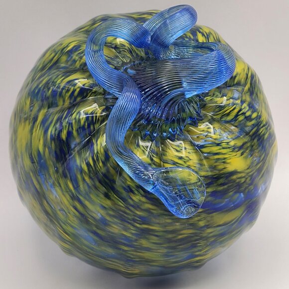 John Fenton Art Glass Pumpkin Blue Yellow Frit Appears Greenish 2014 4 1/2" Dm - Picture 7 of 11